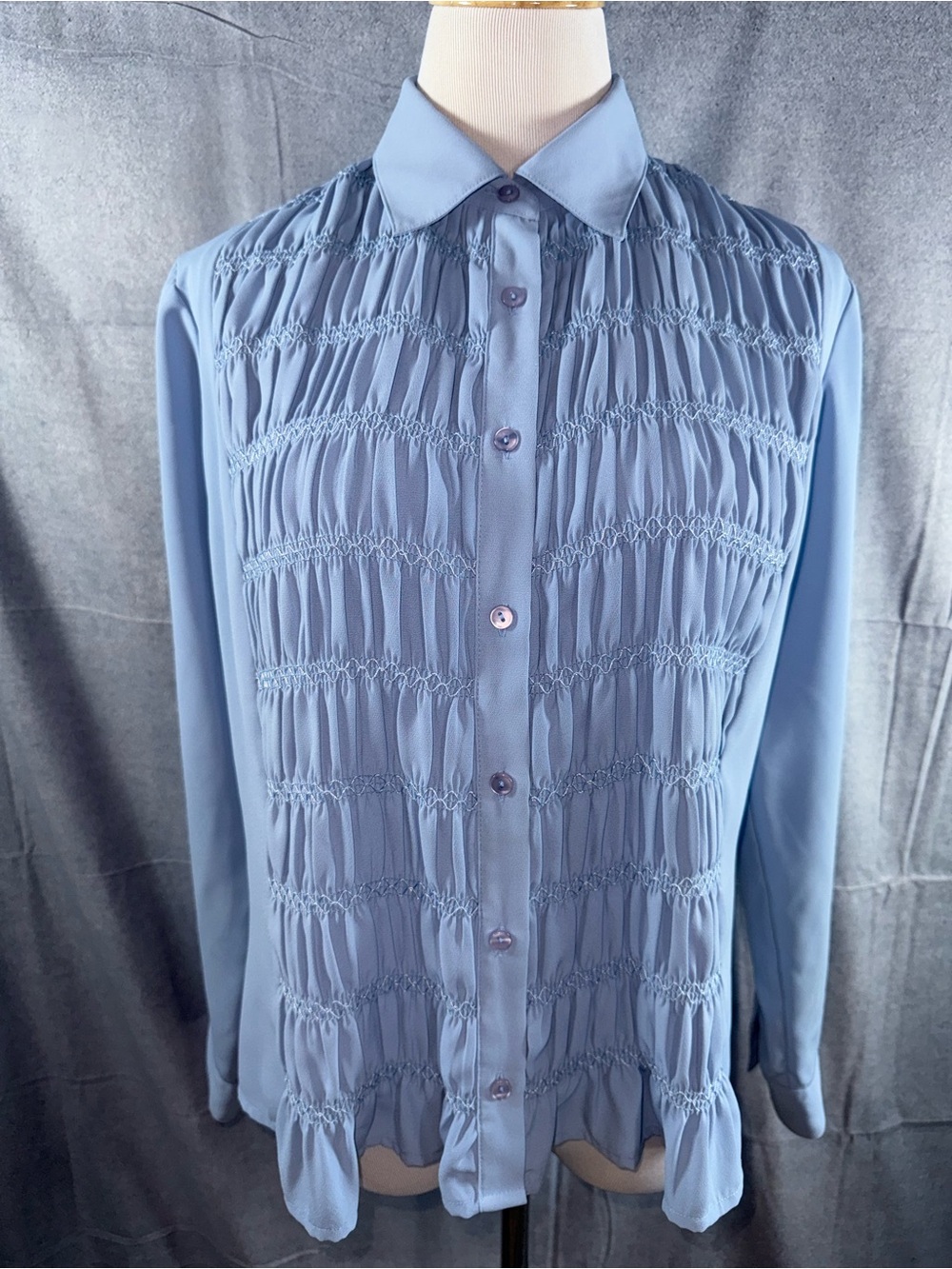 2482-Vintage Pendleton Light Blue Smocked Front Button-Up Blouse